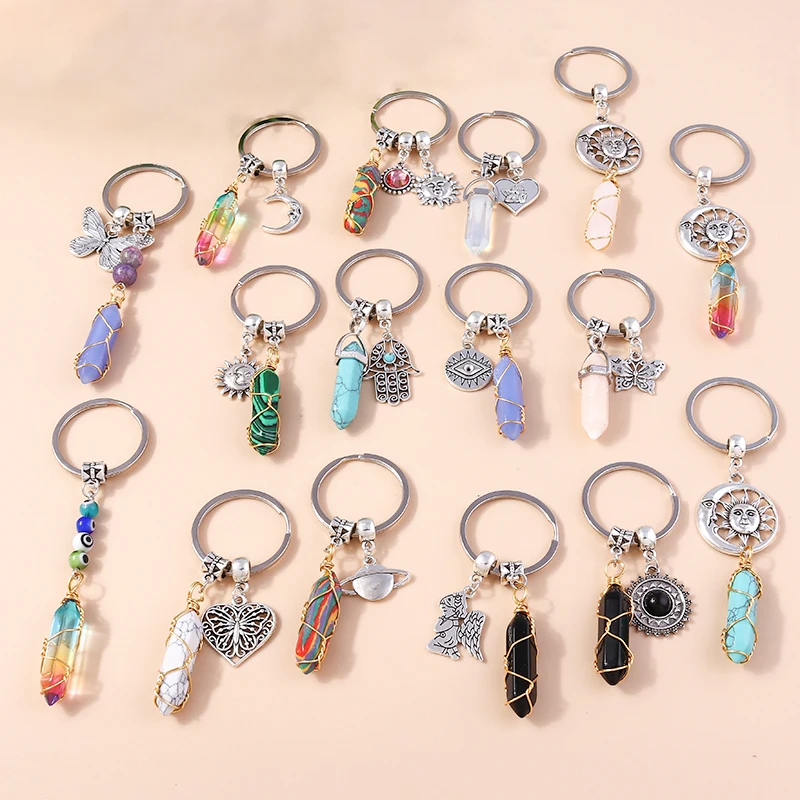 

Fashion Colorful Natural Bullet Quartz Stone Keychain for Women Men Car Key Handbag Purse Hanging Keyrings DIY Accessories