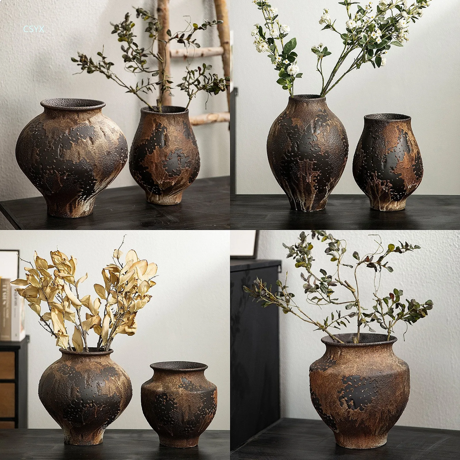 Rustic Zen Ceramic Vase Handmade Coarse Pottery Vase for Flower Arrangement Hotel Home Decoration Vintage Art Craft