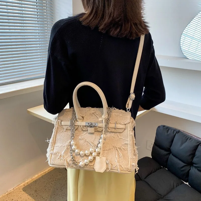 ‌2025 Spring-Summer Denim Purse - Adjustable Pearl Chain, Multi-Way Wear, Trendy & Versatile, Office/Date Night Essential‌