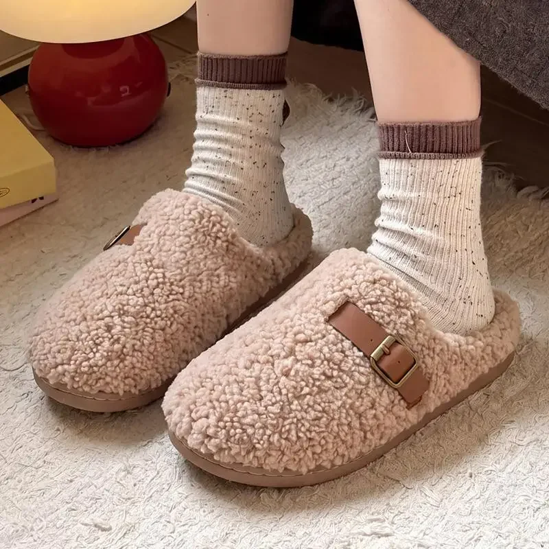 Women Winter 2026 Fashion Warm Lambswool Flat Heel Mules Slippers  Metal Buckle Fluffy Outdoor Slippers Women Fleece Plush Shoes