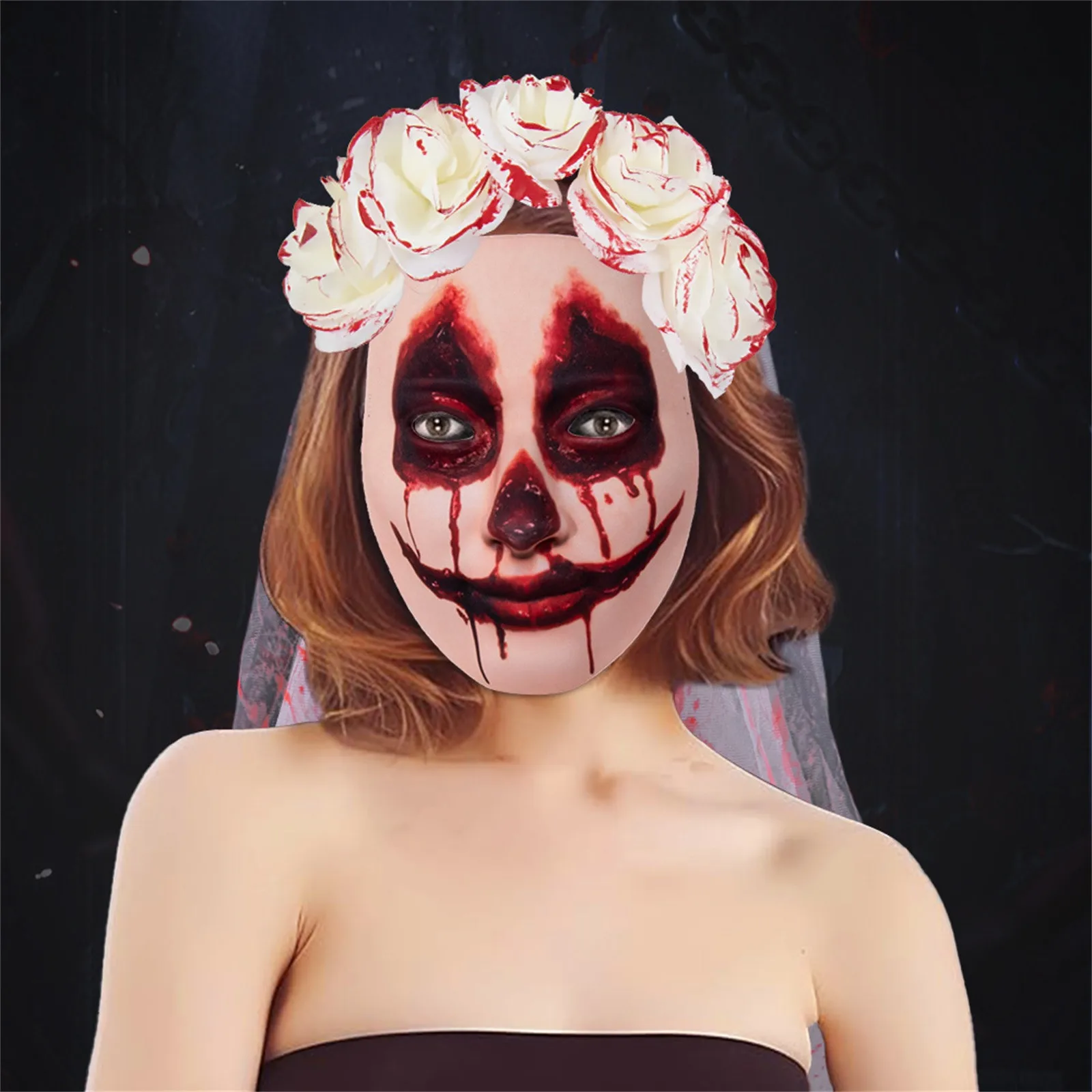 

Взрослый готический костюм невесты на Хэллоуин, вуаль, повязка на голову с цветком, кровавый обруч для волос, темная серия, страшная фантомная маска для невесты, реквизит для лица