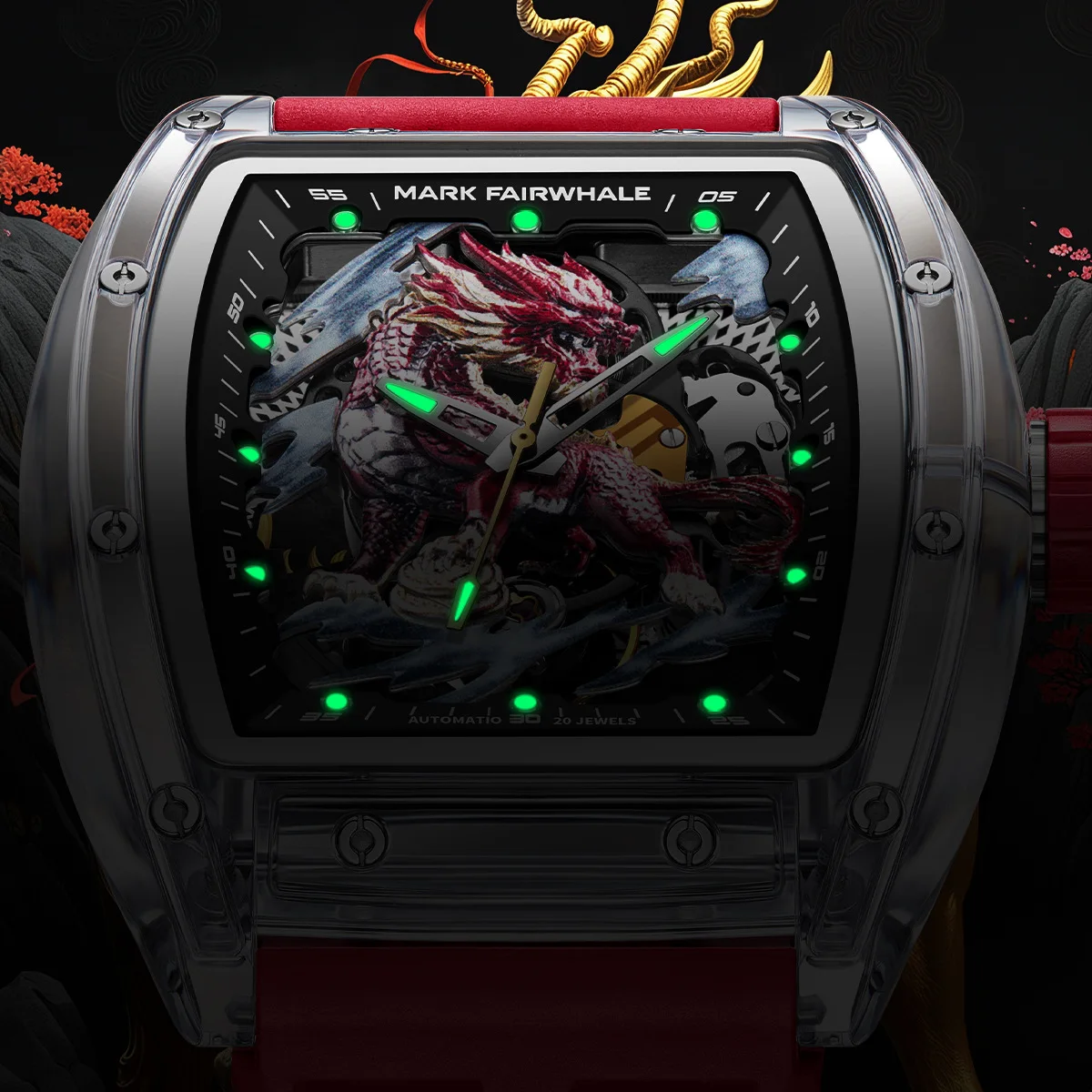 Mark Fairwhale Men's Automatic Mechanical Watch Tonneau Style Sports Waterproof Luminous Rubber Strap Fashion Hollow Design
