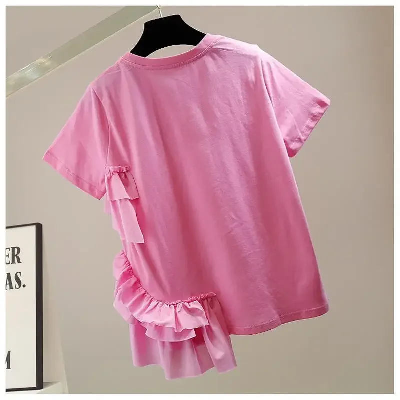 KUSAHIKI Fashion Irregular Ruffle Patchwork Graphic Tee Causal Korean Short Sleeve O-neck Woman Tshirts 2023 Summer New Tops