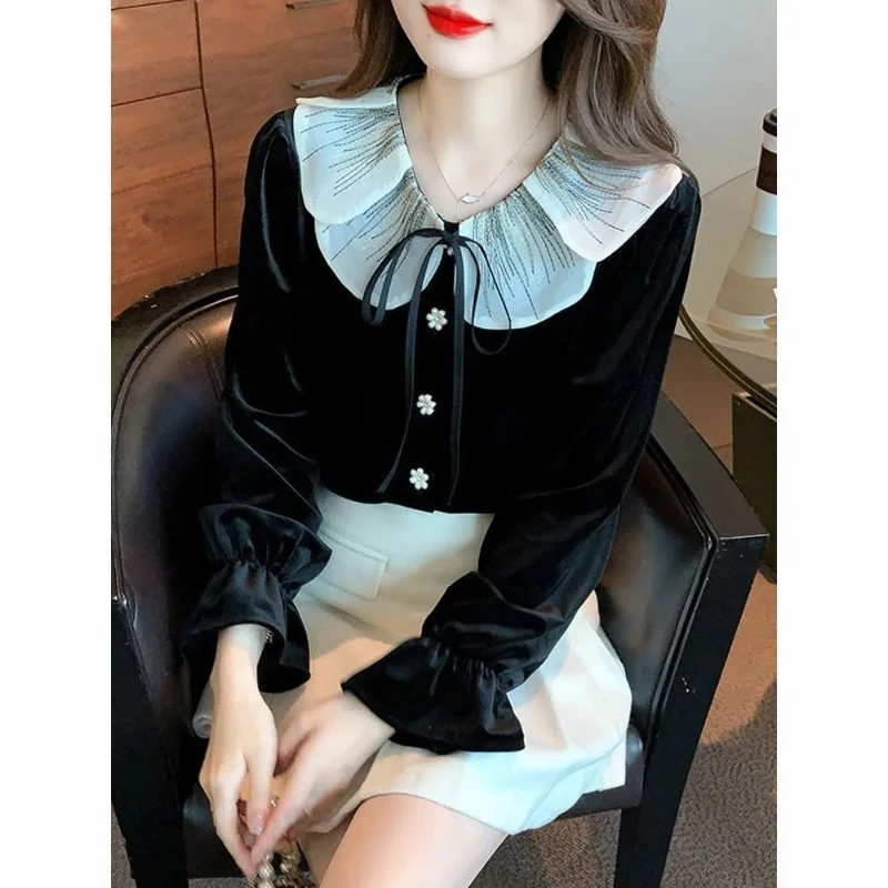 New Plus Size Women's Clothing with a Doll Collar and a High-end Feel Shirt The Chubby Sister Looks Thin and Covers Her Flesh