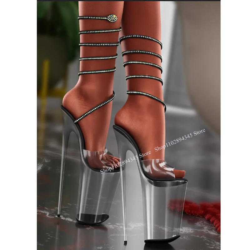 Black Twine Clear PVC Sandals Peep Toe Thin High Heel Fashionable Sexy Cool Summer Big Size 2025 Woman Shoes Zapatillas Mujer
