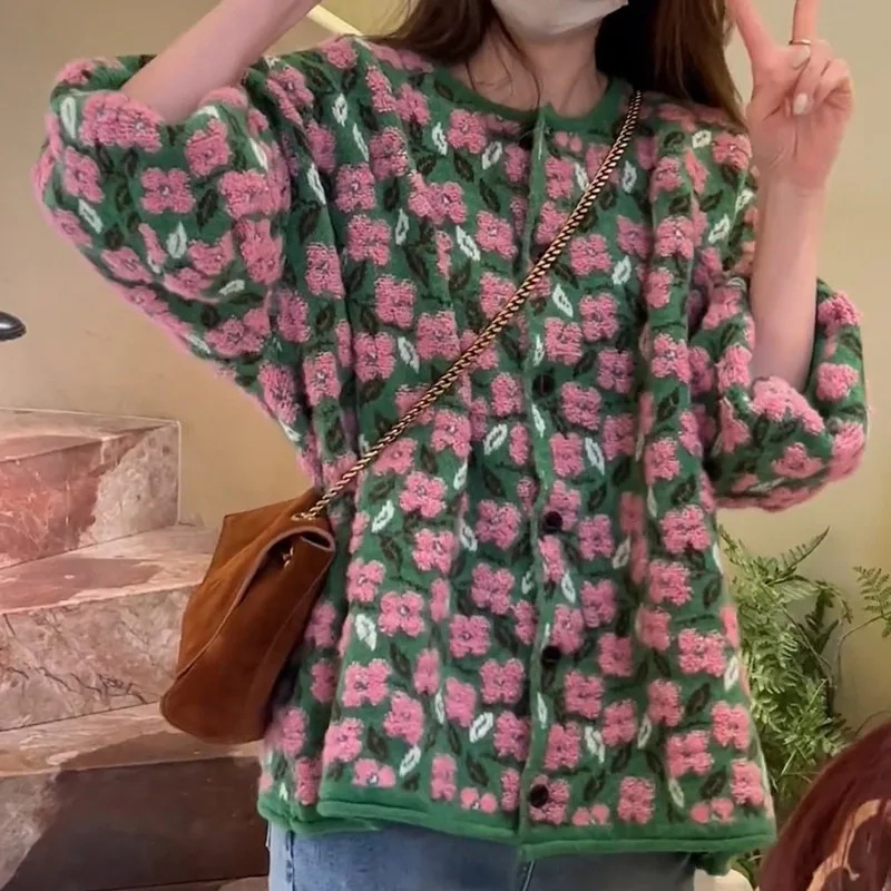 

Кардиган, свитер, женский винтажный свитер на пуговицах с круглым вырезом, пальто, толстый комбинезон с длинными рукавами, повседневный осенне-зимний комбинезон