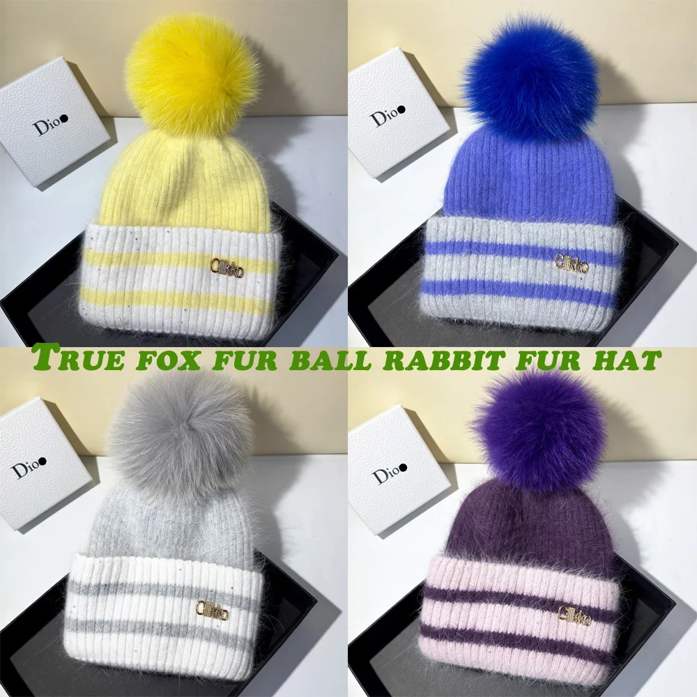 

Cllikko Color-Block Striped Rabbit Plush Hat with Real Fox Fur Ball And Thick Sequins Knitted Fashionable Winter Hat