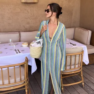 Vestido maxi listrado colorido para mulheres, manga flare, decote em v, divisão alta, vestidos longos sexy, banquete de praia, outono, novo, 2023 8 principais vendas vestido longo casual verão decote v - №5