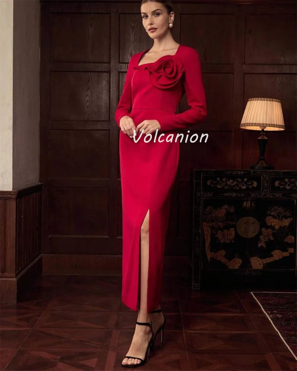 Personalizado estilo moderno elegante jérsei artesanal flor plissado em linha reta pescoço quadrado tornozelo comprimento vestidos sob medida vestidos de ocasião