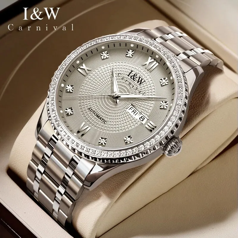 Switzerland Luxury Brand I&W CARNIVAL Japan MIYOTA Automatic Mechanical Men's Watches Sapphire 50M Waterproof Diamond Clock 615G