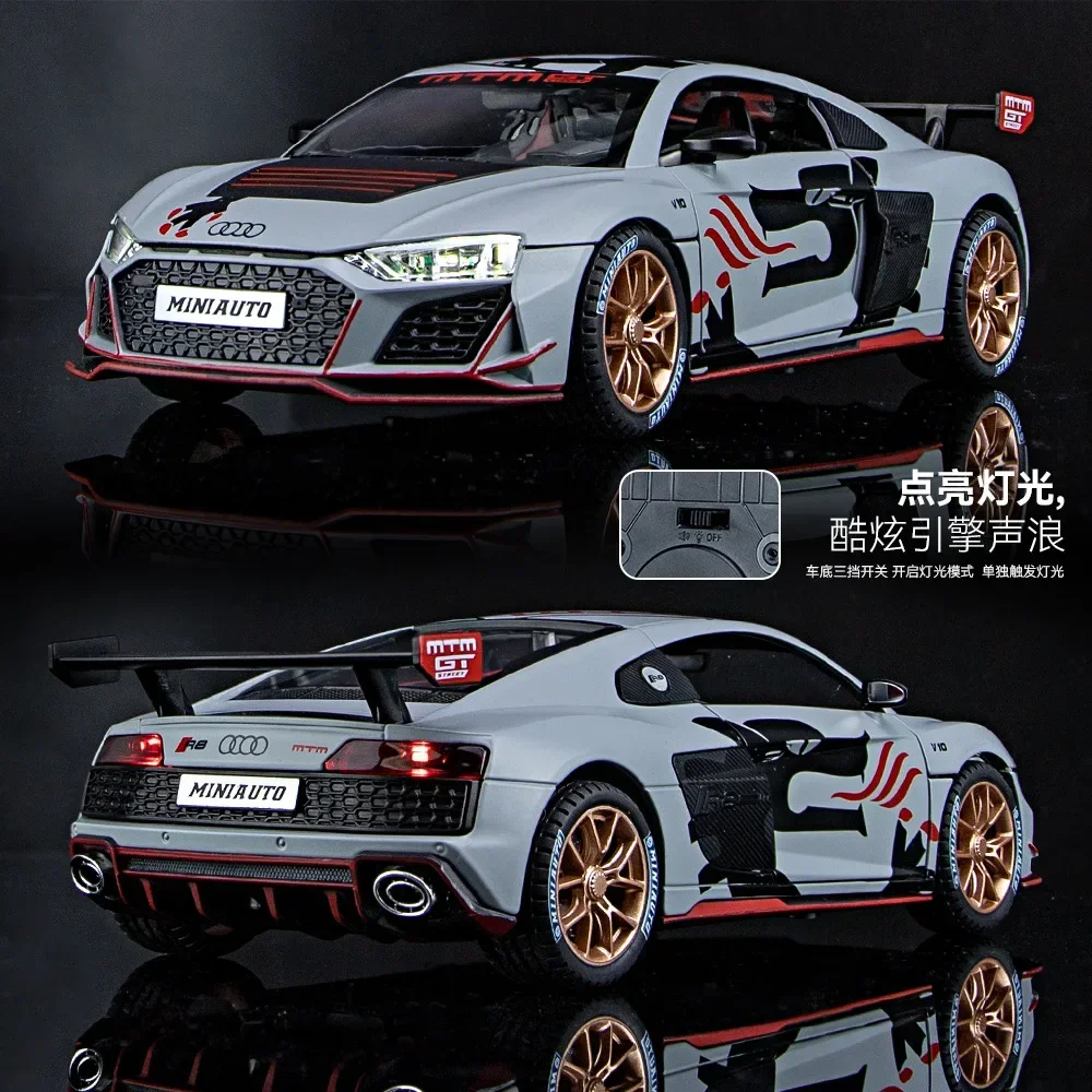 1/24 Audi R8 Track Edition symulacja aluminiowy model samochodu sportowego dźwięk i światło wycofać zabawka dla dzieci