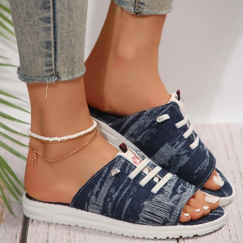 Women\'s Slippers Fashion Lace Up Flat Denim Beach Fish Mouth Shoes Casual Design Comfortable Femme Zapatillas Plus Size 36~43