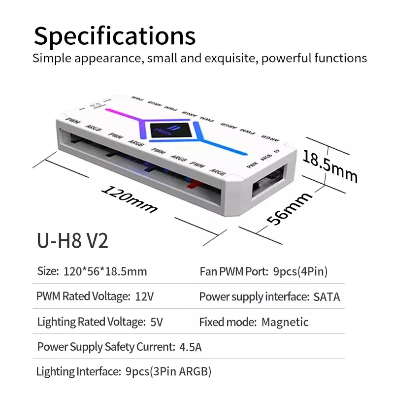 UPSIREN U-H8 V2 섀시 선풍기 허브, SATA 전원 공급 장치, 자기 흡입, ARGB, PWM 9 포트, 2 in 1, 컨트롤러 포함