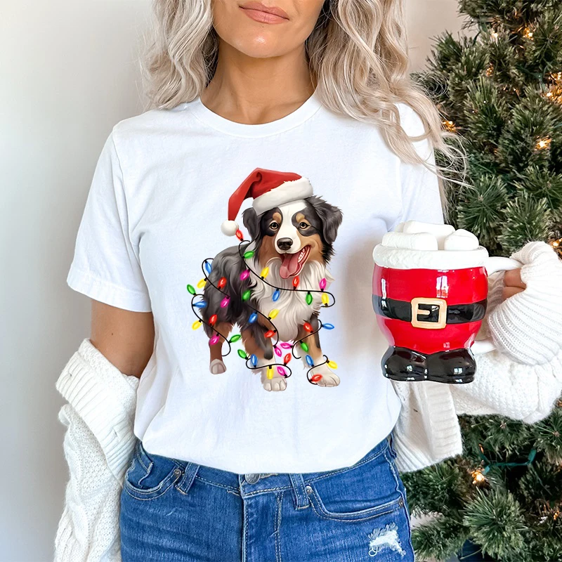 Festive Woman T-shirts Dog Owner Christmas Gift Short Sleeve T-shirt Trendy Girls Clothing Kawaii Cartoon Santa Dog Classic Tops image 2