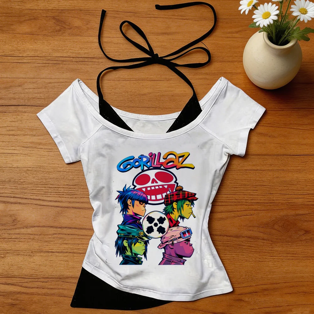 Gorillaz cropped top shoujo baddie scene  alternative  graphic jojifuku tshirt korean fashion goth kawaii harajuku gyaru