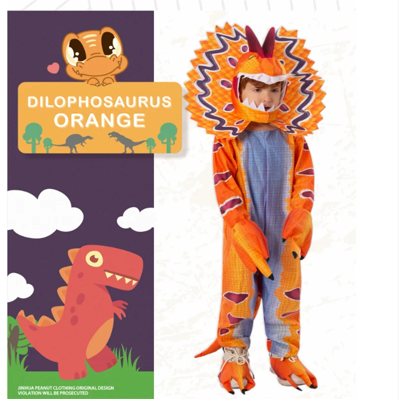 

Dilophosaurus Dinosaur Cosplay Costume Child Pajama Romper Halloween Dress Up Jumpsuit Themed Party Role Play Suit