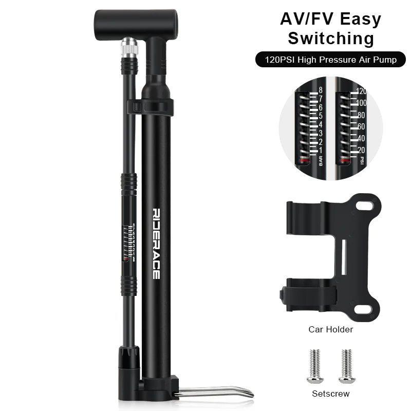 

RIDERACE Bicycle Pump With Gauge High-pressure Hand Tire Air Inflator Schrader Presta Valve AV FV Portable Bike Air Shock Pump