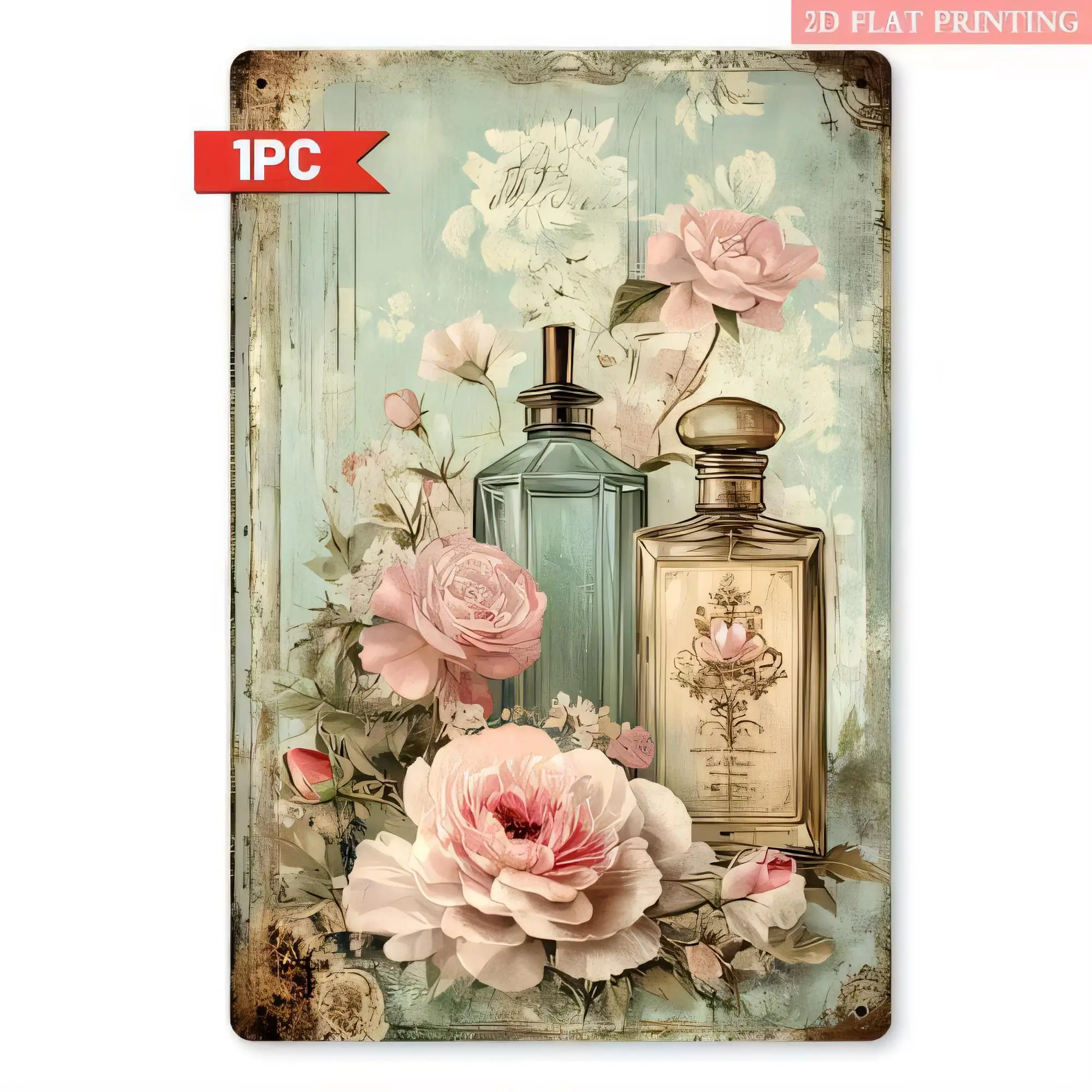 Tin Sign Vintage Floral Perfume Bottle Roses 2D Flat Printing Metal Wall Plaque for Home Bar Cafe Bedroom Decor 12x18  Retro Rus