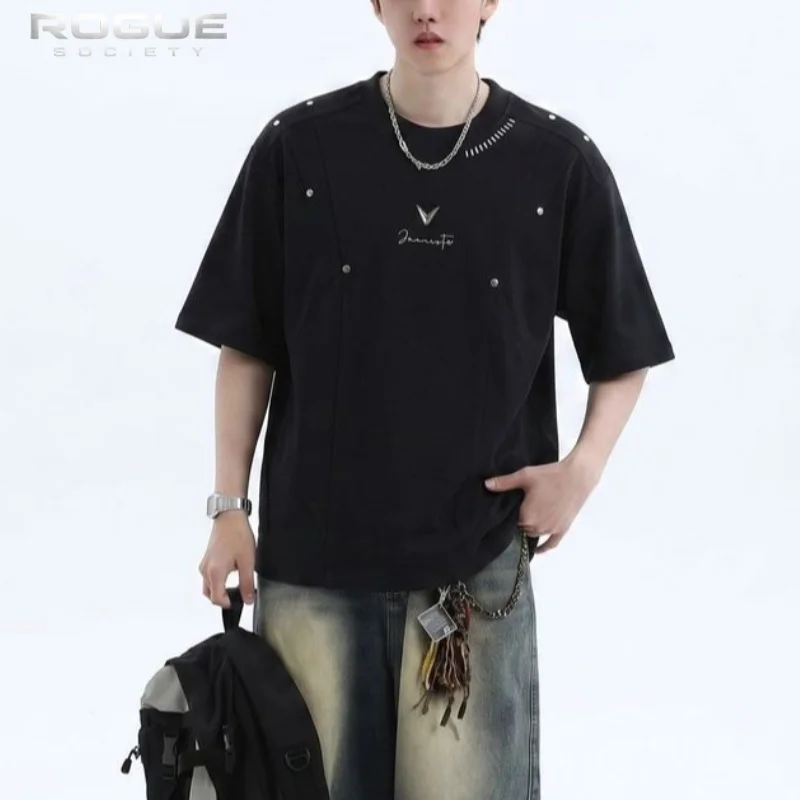 American Casual Streetwear Men Summer Tshirt Rivet Decor Stitched Loose Short Sleeve High Stree Y2K Edgy Harajuku Clothes Unisex