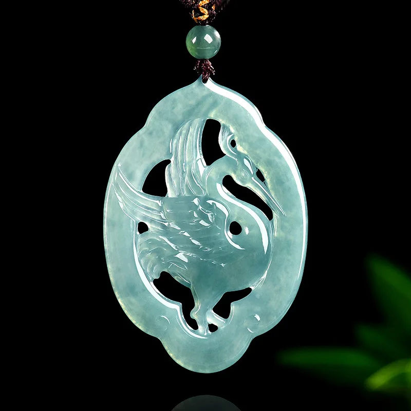 Burmese Emerald Jade Blue Water Cloudy Stream Egret Pendant Jadeite Amulets Fashion Natural Emerald Jewelry Gifts for Men Women