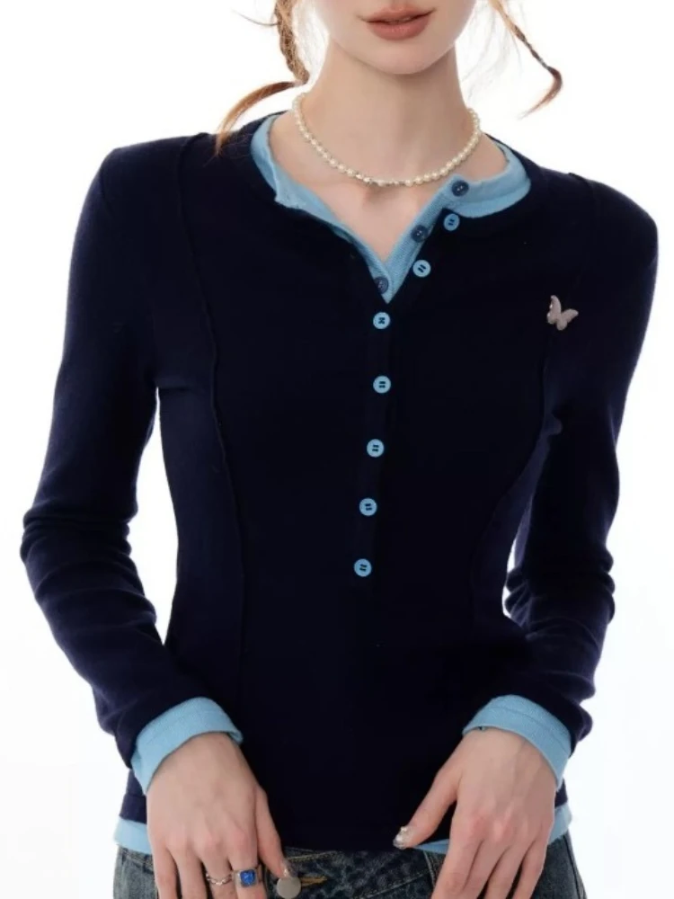 

Новинка осени 2024, футболки из двух предметов, контрастные цвета, лоскутные футболки, модный дизайн, винтажные топы, женская тонкая женская одежда