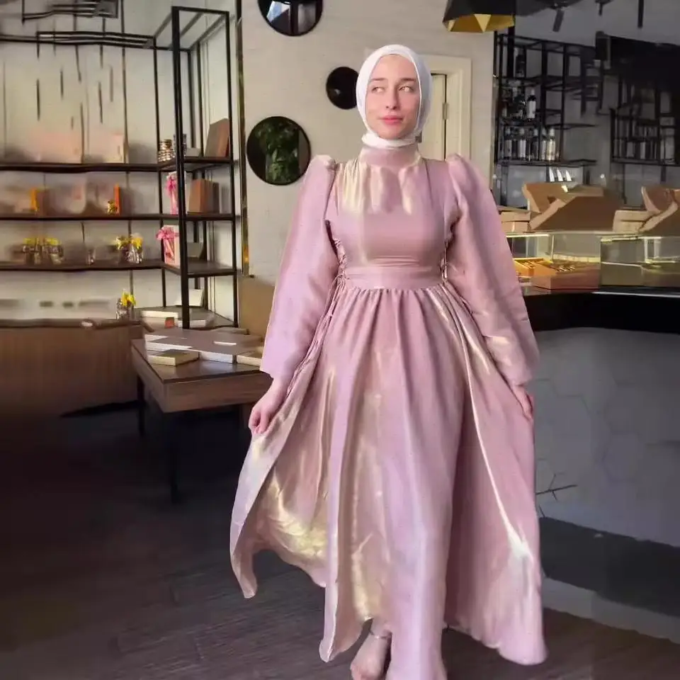 Women Pleated Dress Stand Collar High Waist Lantern Full Sleeve Long Dresses Solid Elegant A Line Spliced Vestidos Party Prom