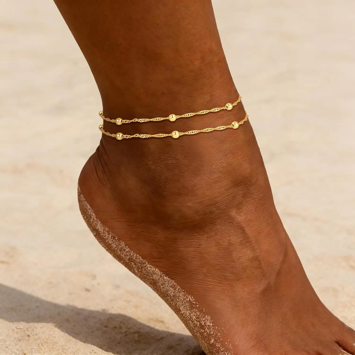Ankle Bracelets for Women - 14K Gold Plated Waterproof Cuban Water Wave Chain Beads Rhinestone Anklets Set Layered Anklet Bracel
