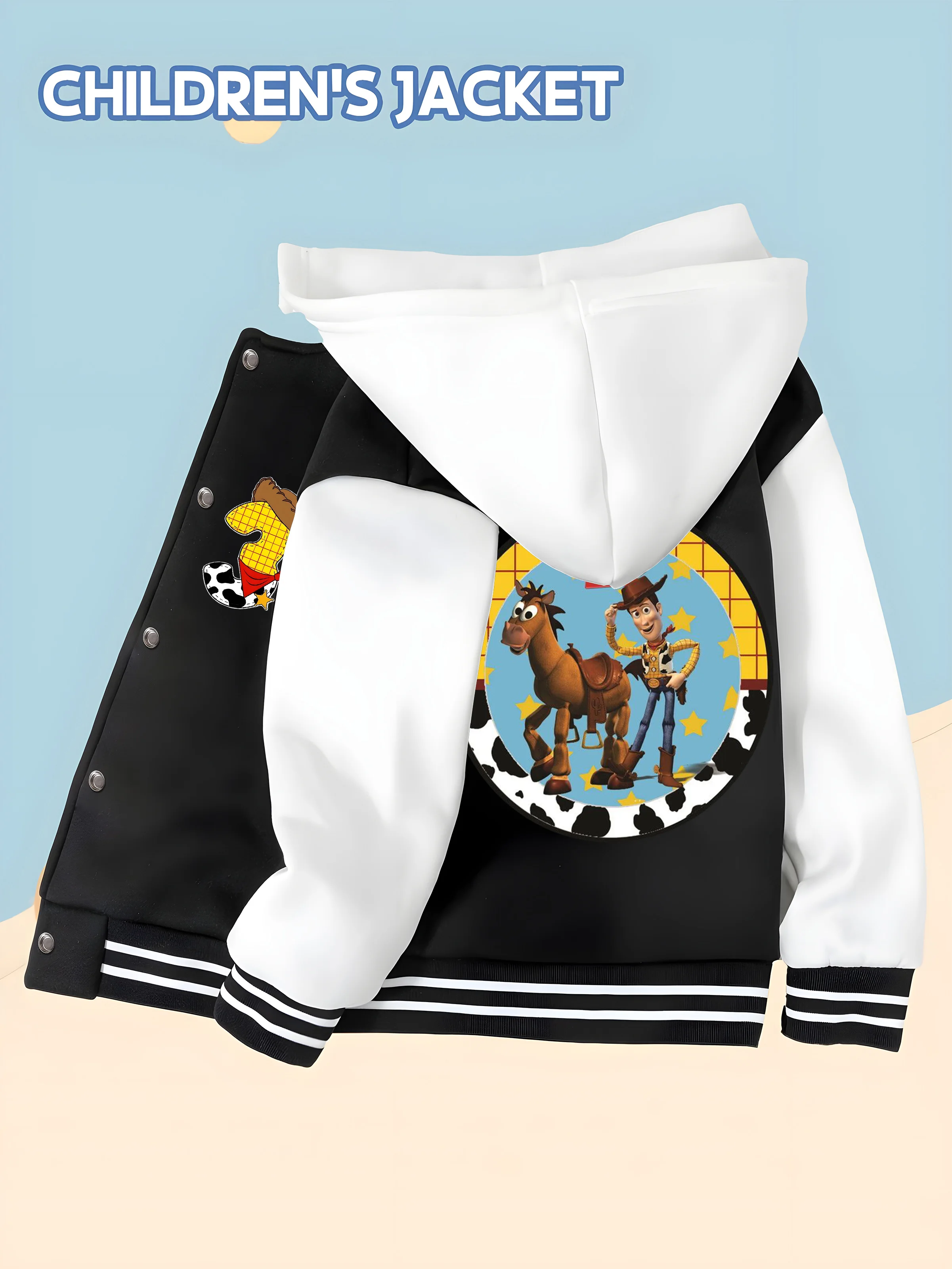 

MINISO Disney Toy Story Boys Baseball Jacket - Woody and Hearts Double-Sided Print Soft Fabric Versatile and Comfortable