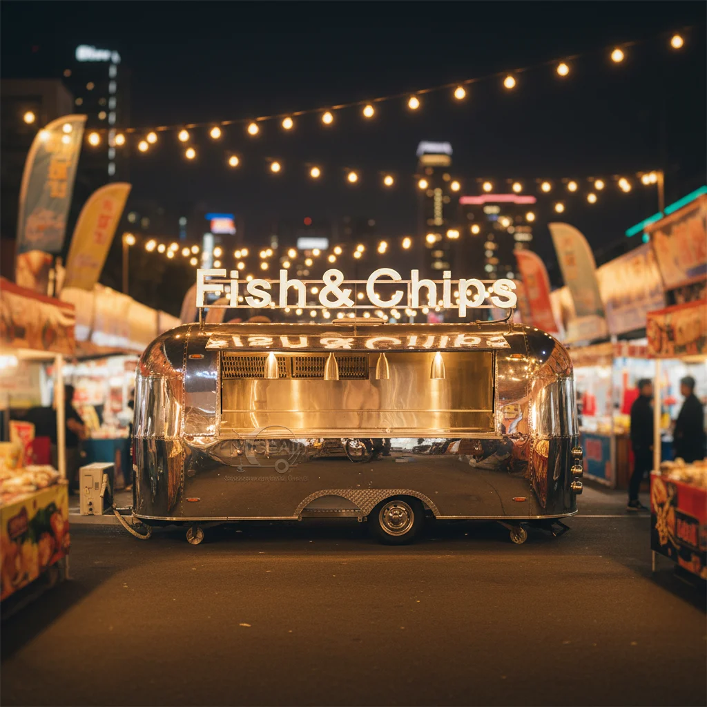 Retro Style Customizable Mirror Finish Stainless Steel Food Trailer for Outdoor Snack Fish Chips Street Vending
