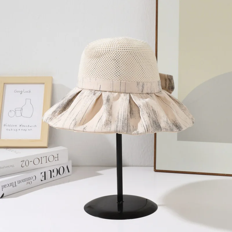 Custom Knitted Fisherman Hat Women, Korean Style, Summer, Wide Brim, Bowknot, Outdoor Travel, Foldable Ha