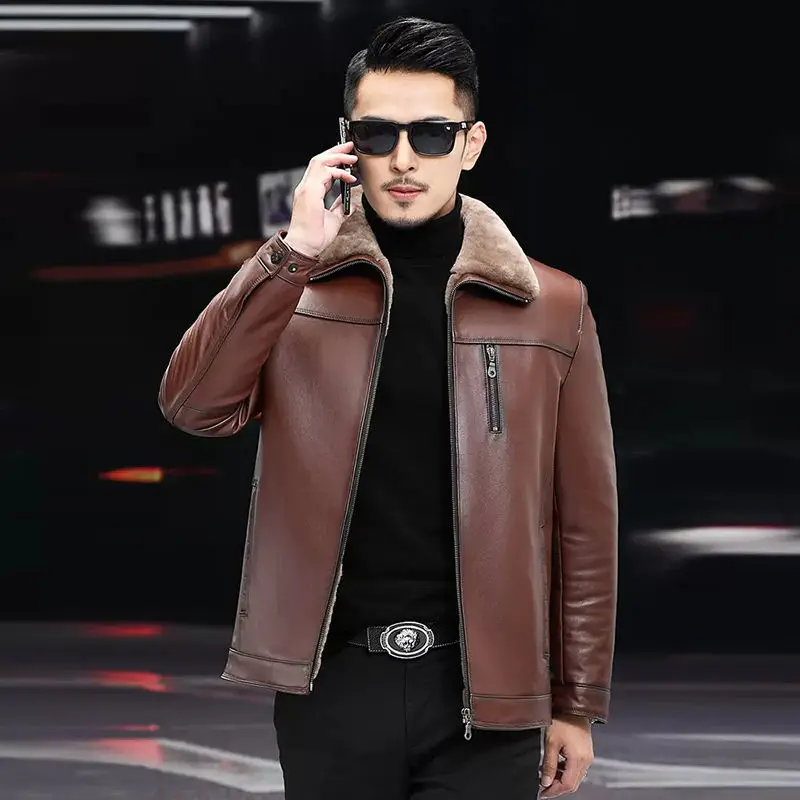 Winter Fur Leather One-Piece Leather Jacket For Men Warm Velvet Thick Lapel Zipper Natural Sheepskin Coat Man Business Casual