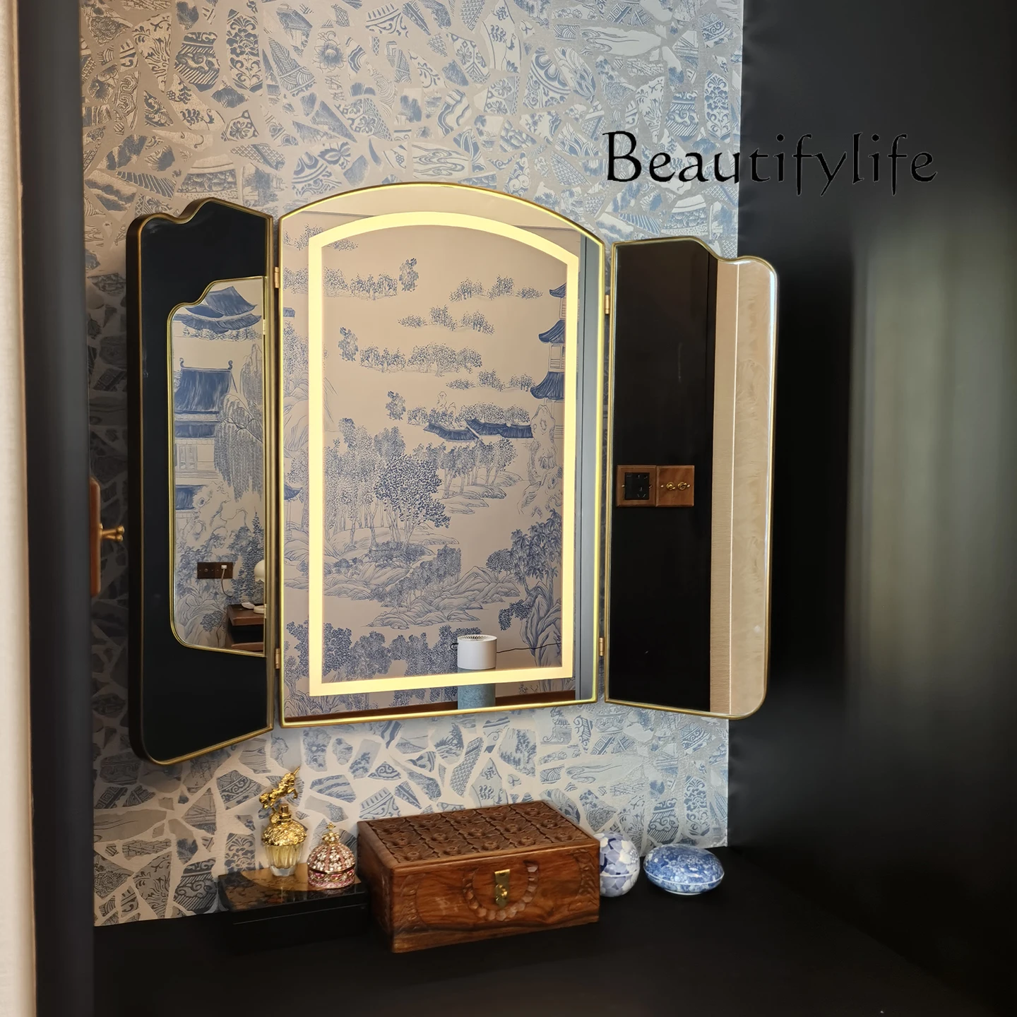 French stainless steel LED light luxury bathroom mirror toilet washstand folding makeup mirror wall-mounted entrance decoration