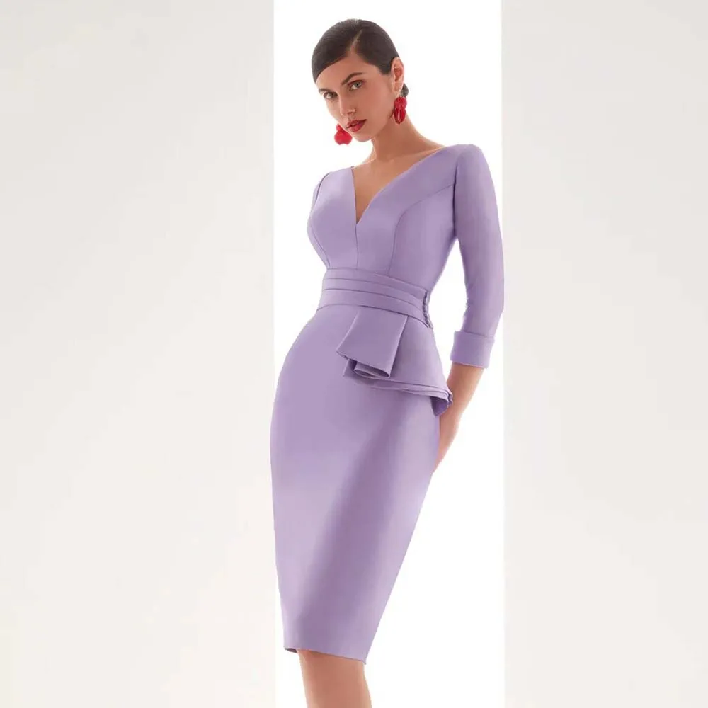 

Formal Special Occasion Dresses Purple Satin Ruffles Sheath V-neck Knee Length Dresses Women's Cocktail Party Gowns Gowns 2024