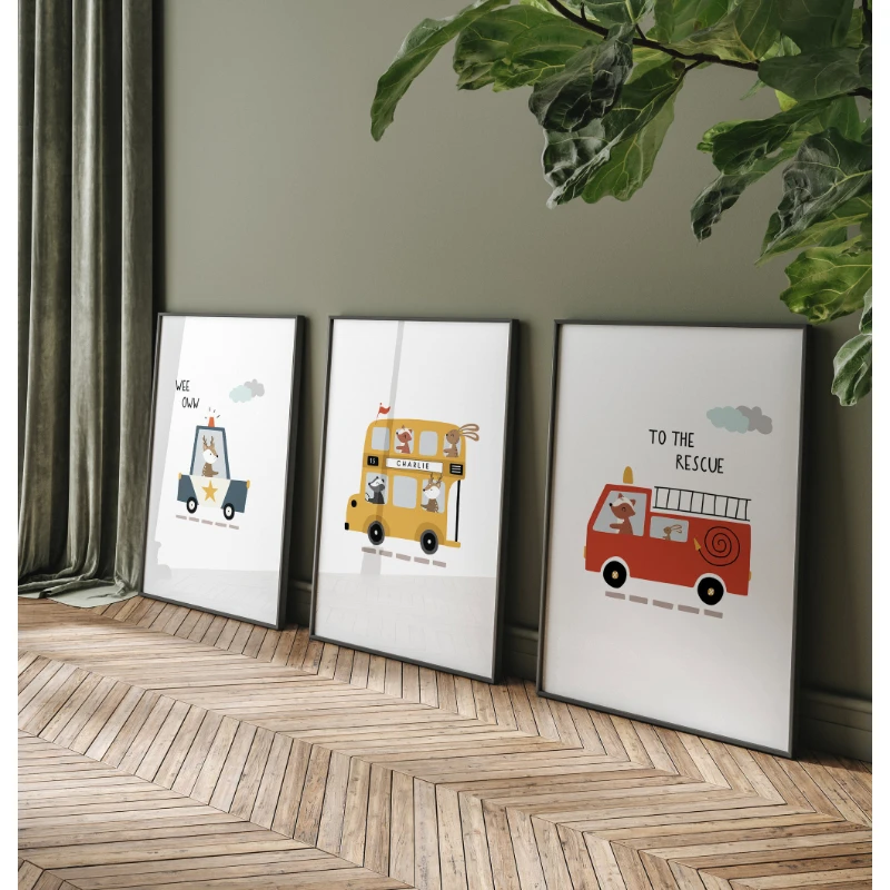 3PCS  Frameless,3pcs Fun Cartoon Animal Posters: Police Car, Bus, and Fire Truck—Frameless Canvas Art for Home and Kids' Room De