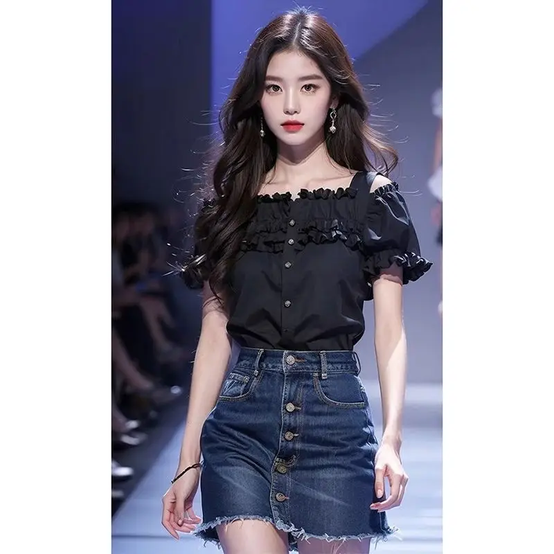 Korean Summer 2025 Trend Shirt Black Square Neck Short Sleeve Cardigan for Women