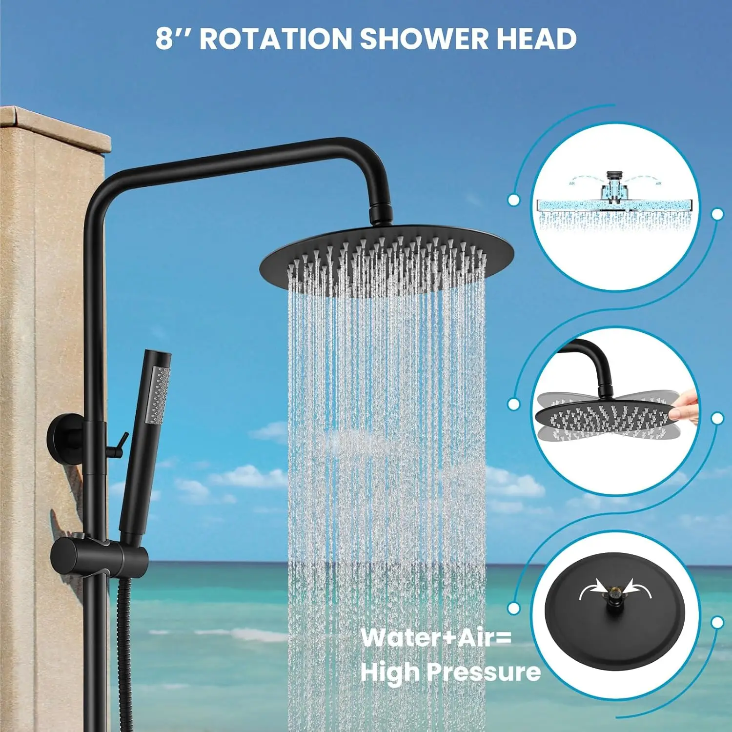 Stainless Steel Outdoor Shower Kit with Rainfall and Handheld Spray, Matte Black Finish, Easy Wall Mount Installation