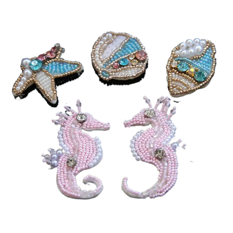 1 PCS Handmade Beads seahorse shell patch applique sew on beading applique clothes shoes bags decoration patch DIY