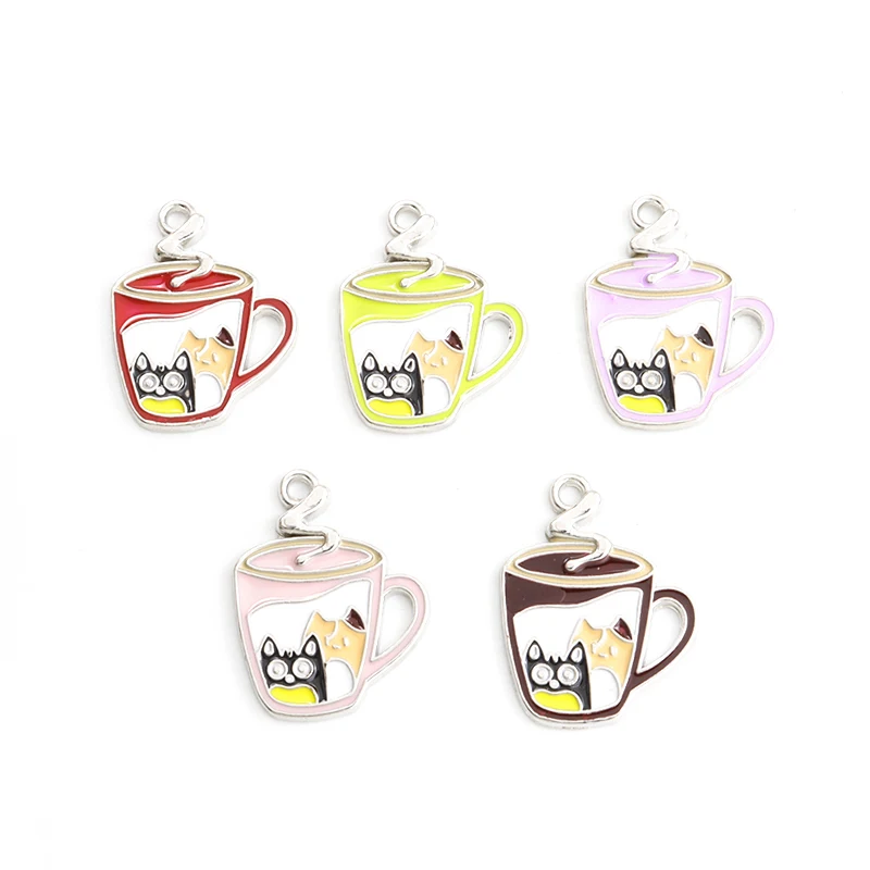 10pcs Enamel Lovely Cup Cat Charms Kawaii Kitten Animals Pendants Cute Cartoon Charm Jewelry DIY Bracelets Necklaces Accessories