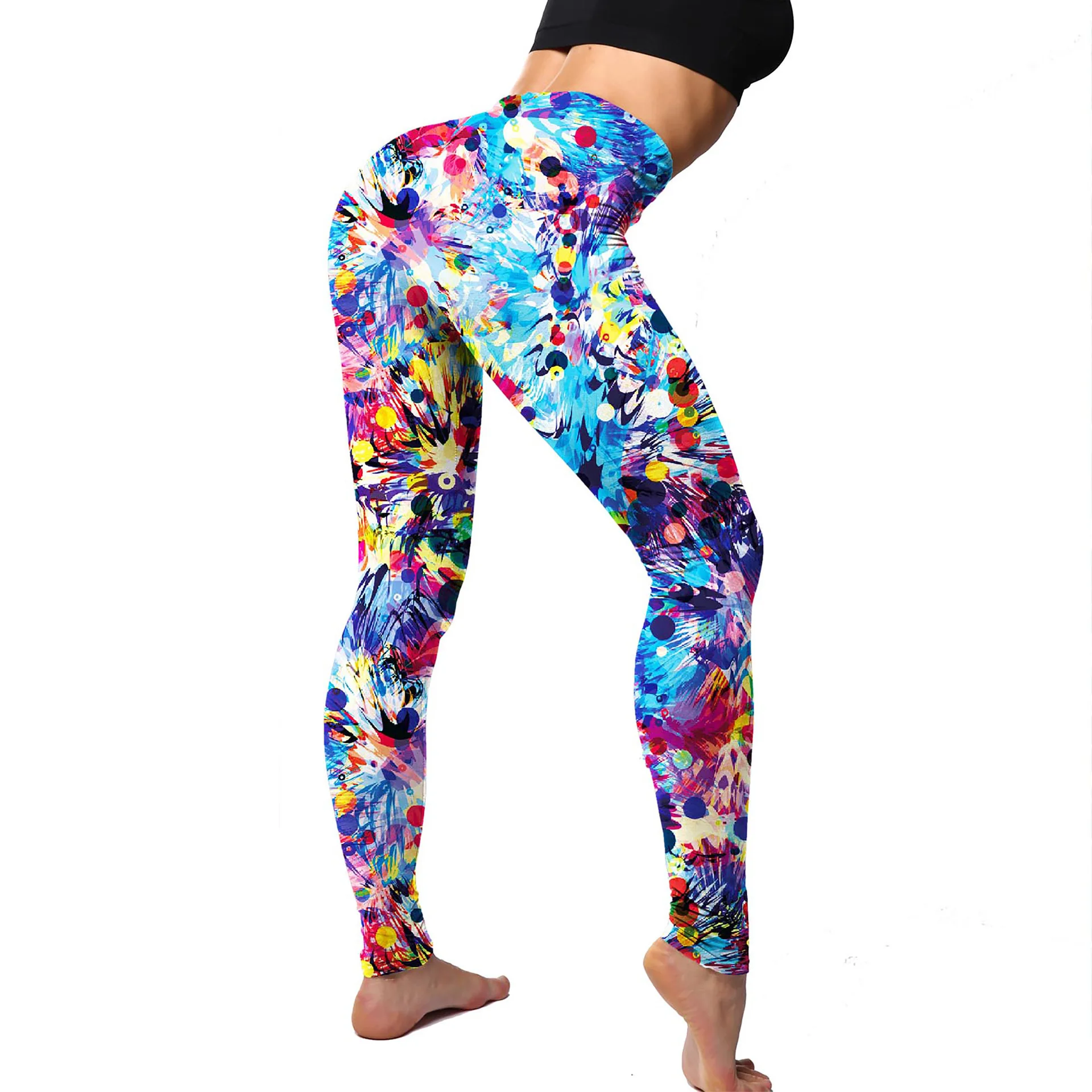 Colorful, ink-spattered, abstract code printed leggings that provide a slim silhouette and are perfect for exercise.