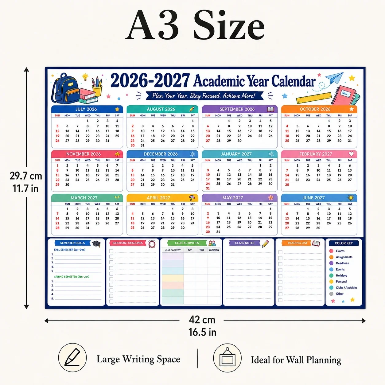 5PCS Academic Year Calendar, A3 Large Wall Planner from July 2026 to June 2027, Year Overview with Goals for School