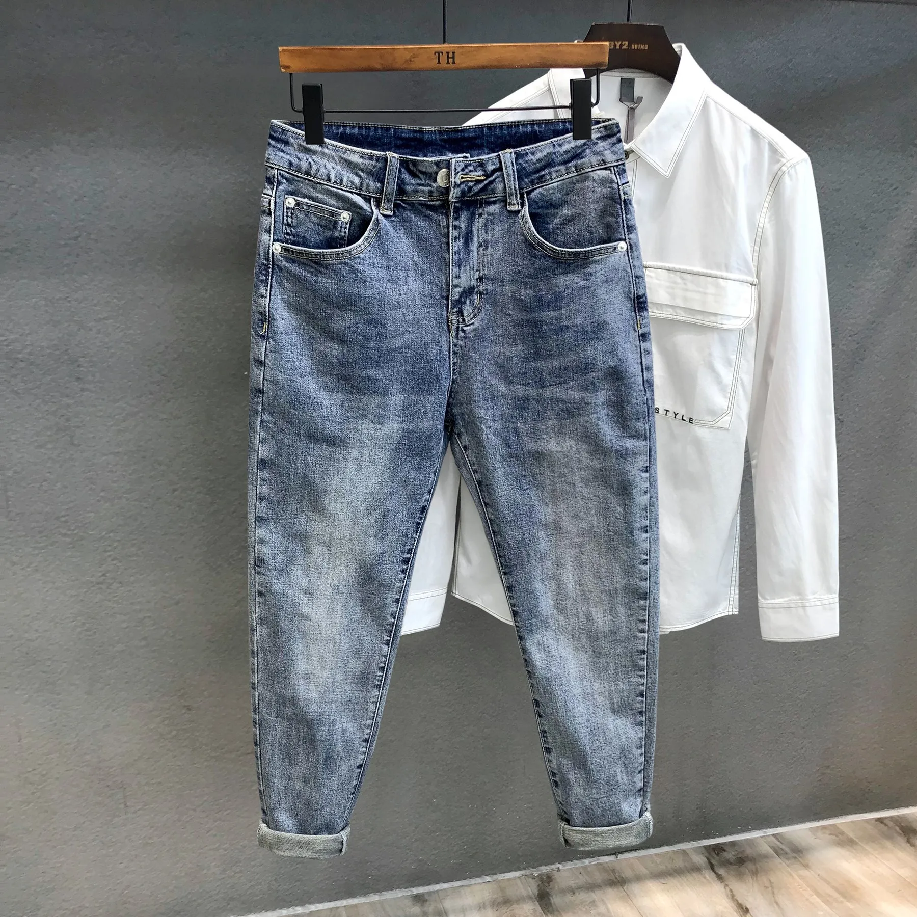 

Slim Fit Harem Jeans Men's Trendy Brand Spring Summer Korean Sle 9-Piece Cuffed Pants Youthful Spirit Boy Jeans