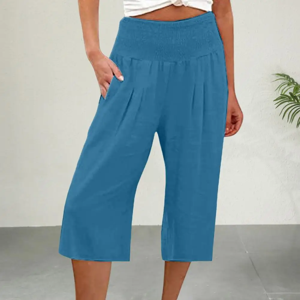 Mid-rise Wide-leg Pants Wide Leg Cropped Pants Stylish Elastic Waistband Trousers with Pockets for Women Lightweight High Waist