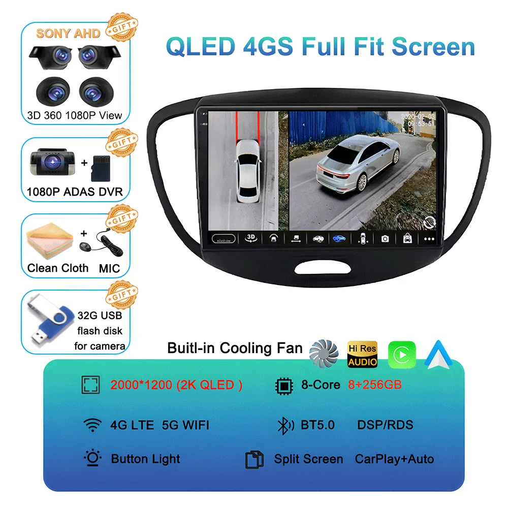 Android 16 Carplay Auto autoradio voor Hyundai I10 2007 - 2013 CarPlay Auto GPS Recorder Multimedia videospeler 4G+WiFi DSP - afbeelding 1