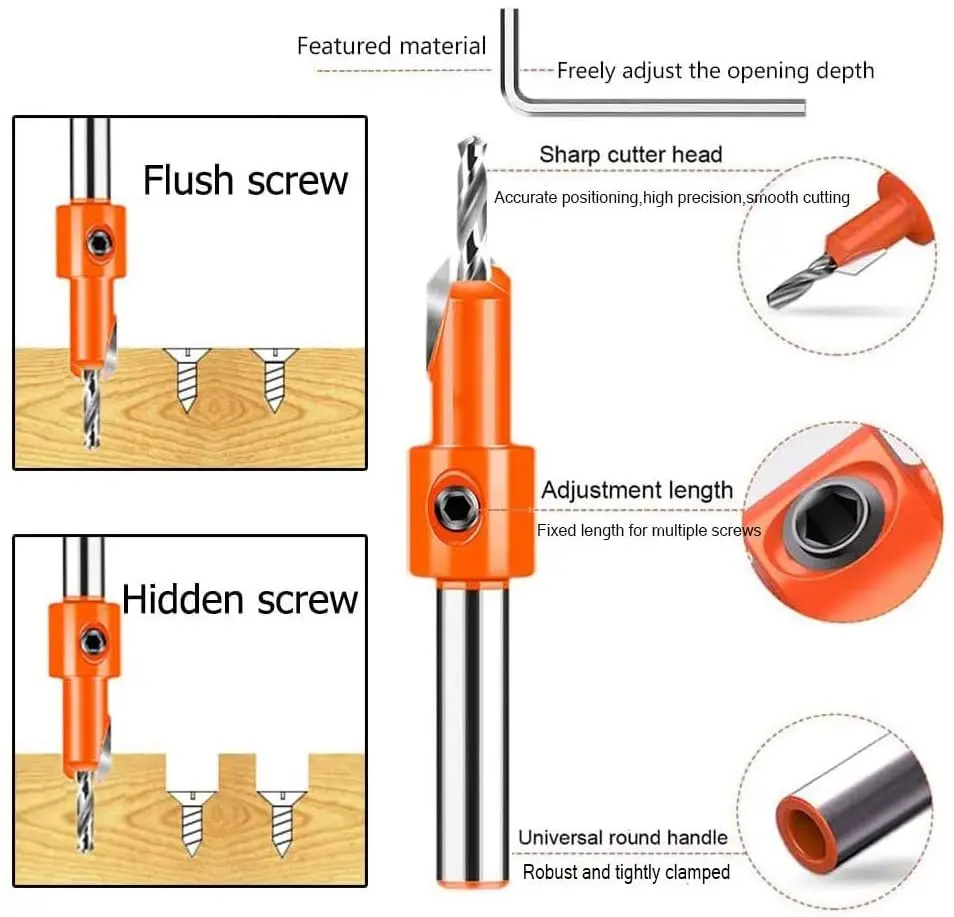 Woodworking Carbide Countersink Drill Bit Set HSS Counter Bore Screw Countersink Step Pilot Hole For Screw 8MM Shank Dia.8-10mm