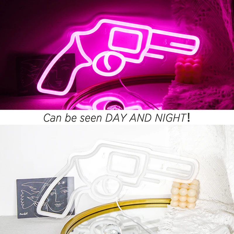 Imagem -06 - Revólver Neon Sign Luzes Led Pink Gun Pistol Design Wall Hanging Art Lâmpada para Quarto Home Bars Decoração do Quarto Gamer Usb