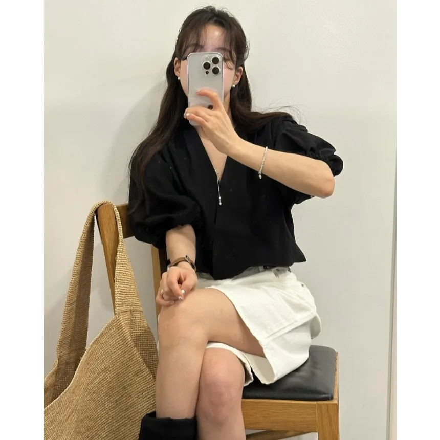 Koreanische Sle Loose Summer ort Sve V-Ne Bubble Sve irt Damen Chic Wrap Body irt Bubble Sve Chiffonbluse
