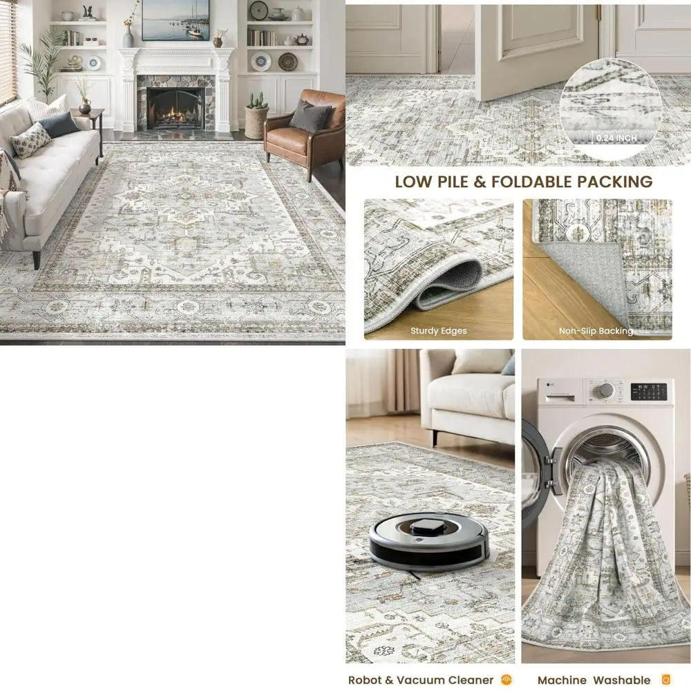 

8x10 нейтральные, устойчивые к пятнам моющиеся коврики для гостиной и столовых, винтажные нескользящие коврики большой площади синего и бежевого цвета с цветочным принтом