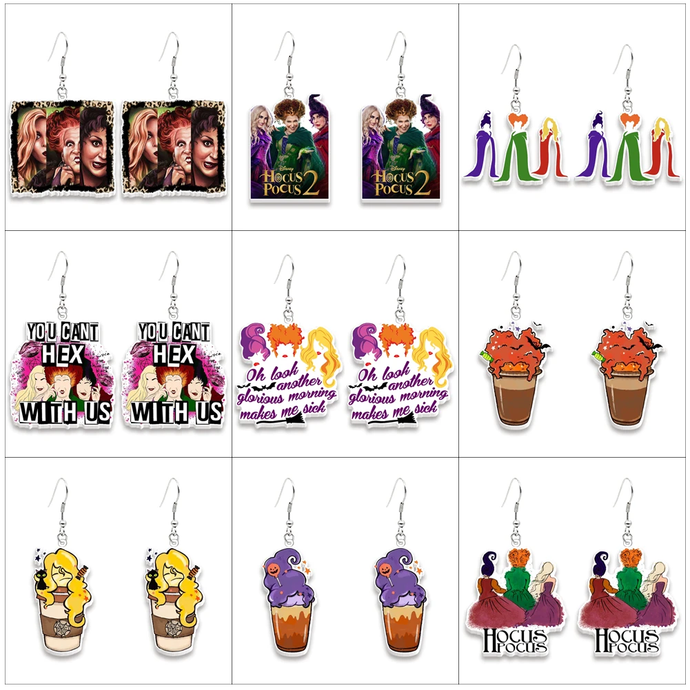 Halloween Movie Hocus Pocus Funny Ear Hook Jewelry Special Gifts Acrylic Colorful Women Girls Hanging Pendant Earrings