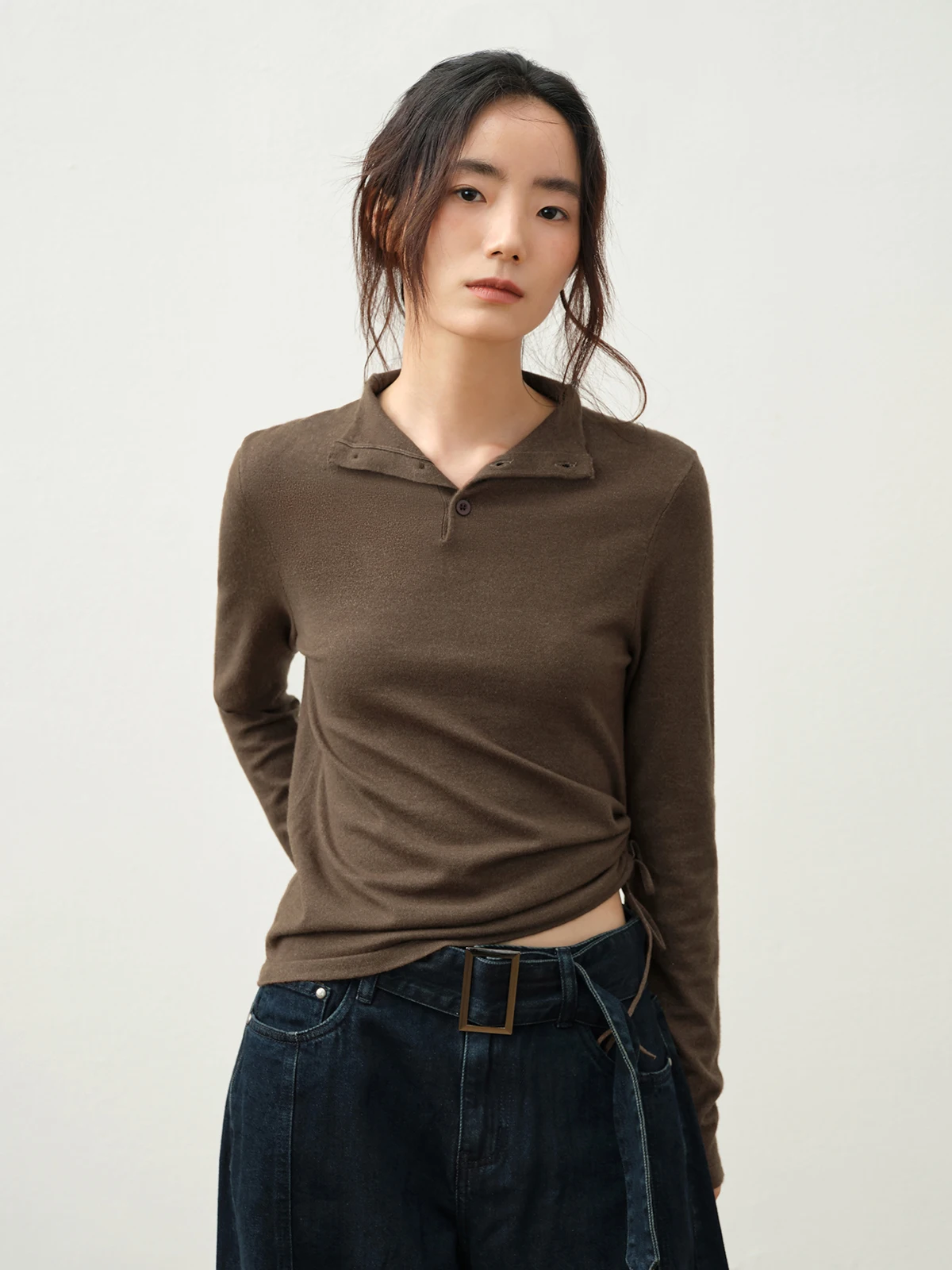 

Octopusme Early Autumn High Collar Button Long Sve Women's Knitted Base irt Slim Fit Dstring Hooded Top