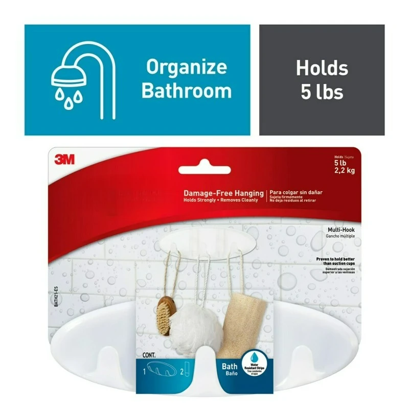 

Bath Multi-Hook, 1 Wall Multi-hook, 2 Large Water Resistant Strips, Bathroom Organization